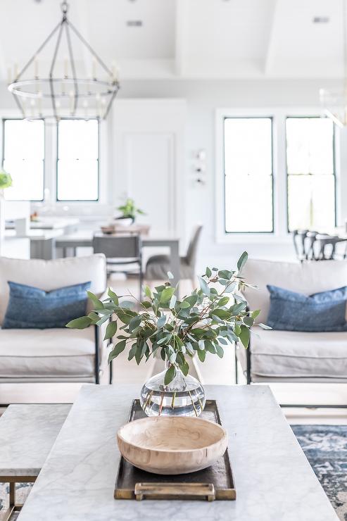 Marble Top Coffee Table with Vintage Brass Tray - Transitional .