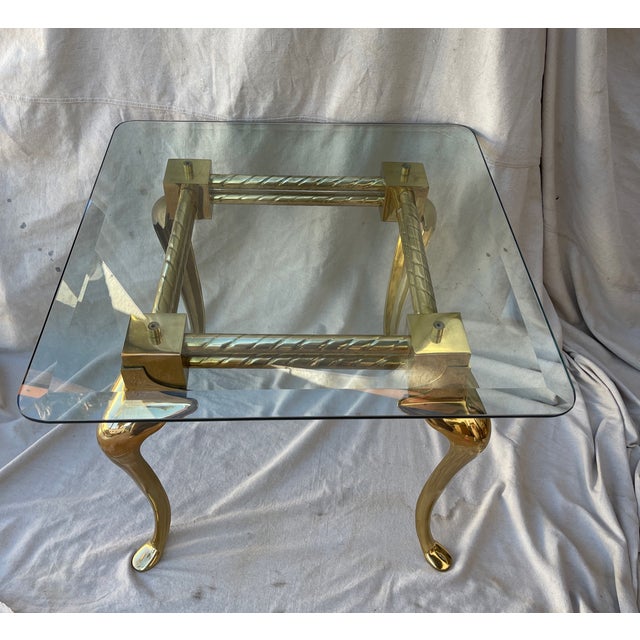 Vintage 70's Brass Cabriole Leg Glass Top End Table | Chairi