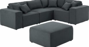 Melrose Reversible Sectional Sofa with Ottoman in Dark Gray Linen .