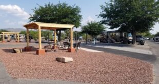 This spacious RV patio site at the Albuquerque KOA Journey .