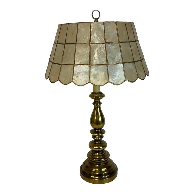 Mid-Century Brass Table Lamp With Brass and Capiz Shell Shade .