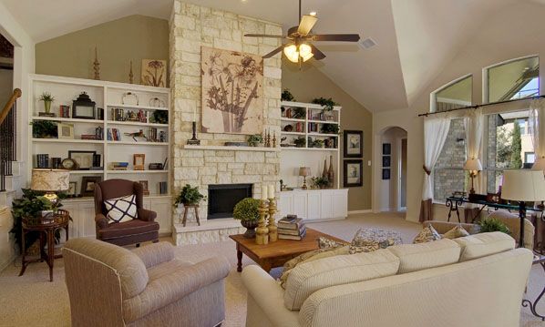 Family room | Built in shelves living room, Vaulted ceiling decor .