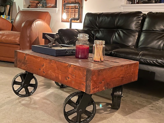 Industrial Steampunk Old Mill Rail Cart Wood Factory Coffee - Et