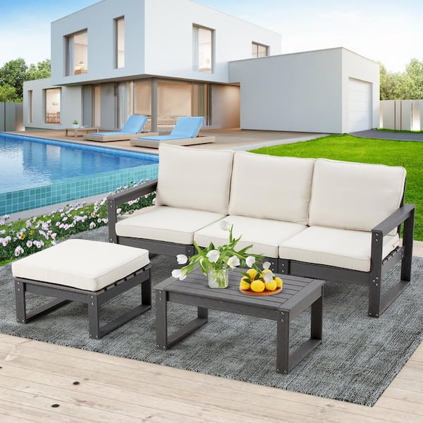 EROMMY 3-Piece Plastic Outdoor Sectional Sofa with Creamy-White .