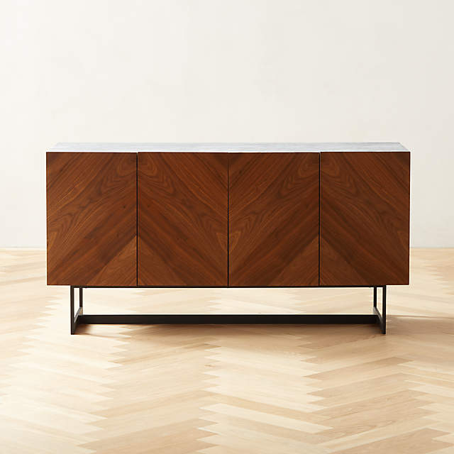 Suspend Modern Wood Media Console Cabinet with White Marble Top + .