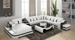 Sydney Large Leather Sectional with Side Table - White & Black (D .