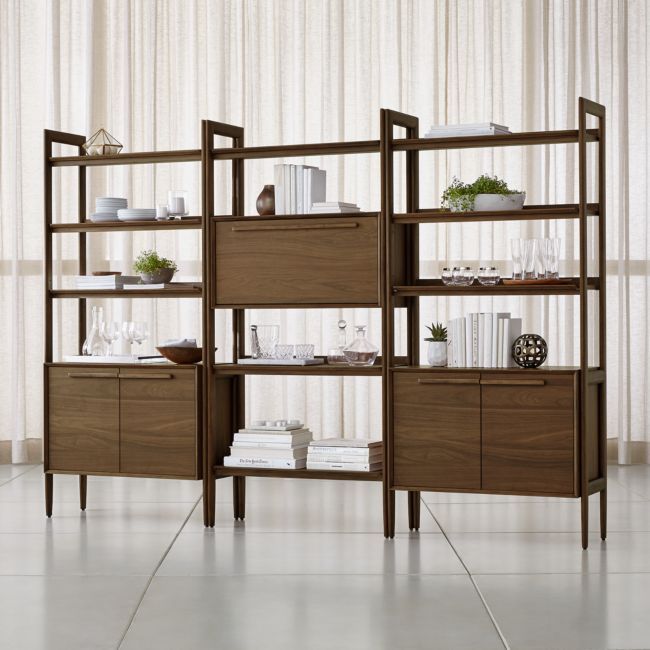 Tate Walnut Bookcase Bar Cabinet with 2 Bookcase Cabinets + .