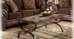 Zander Traditional Medium Brown Metal Wood Coffee Table Set .