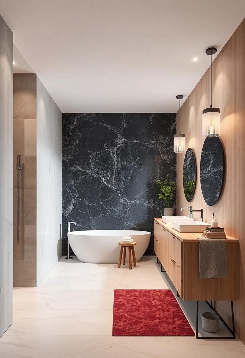 Delight in the visual impact of a dark marble feature ‍wall ⁣contrasting‍ sharply with light wood cabinetry, crafting a unique and stylish statement
