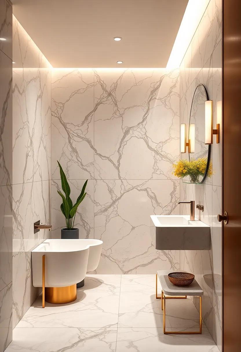 Encounter the exquisite details of ​a chic powder room with stunning ⁤marble walls that serve as the perfect backdrop for elegant metallic ⁣accents