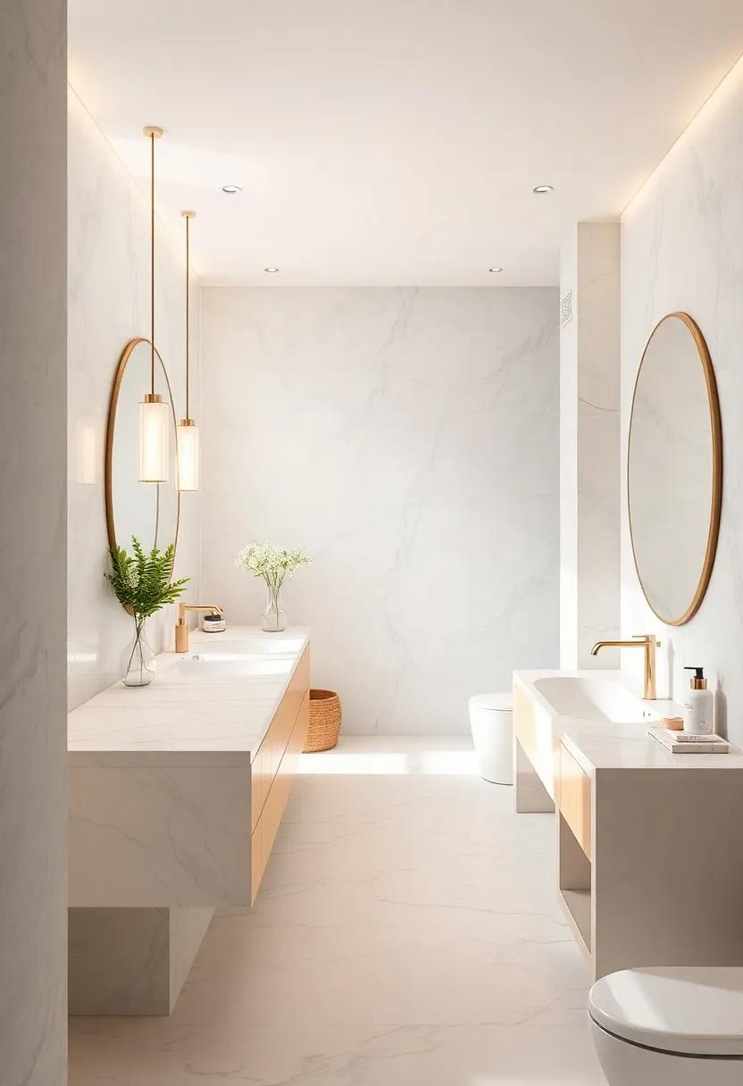 Enjoy⁣ the⁢ airy‍ feel of an​ open-concept bathroom with soft white hues and a breathtaking marble vanity ⁢that radiates sophistication and class