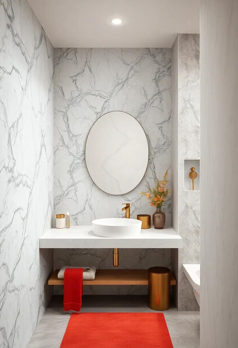 Experience the ‌dramatic impact of a bold wallpaper backdrop that contrasts vividly with a smooth white marble ⁢countertop and basin for a striking effect