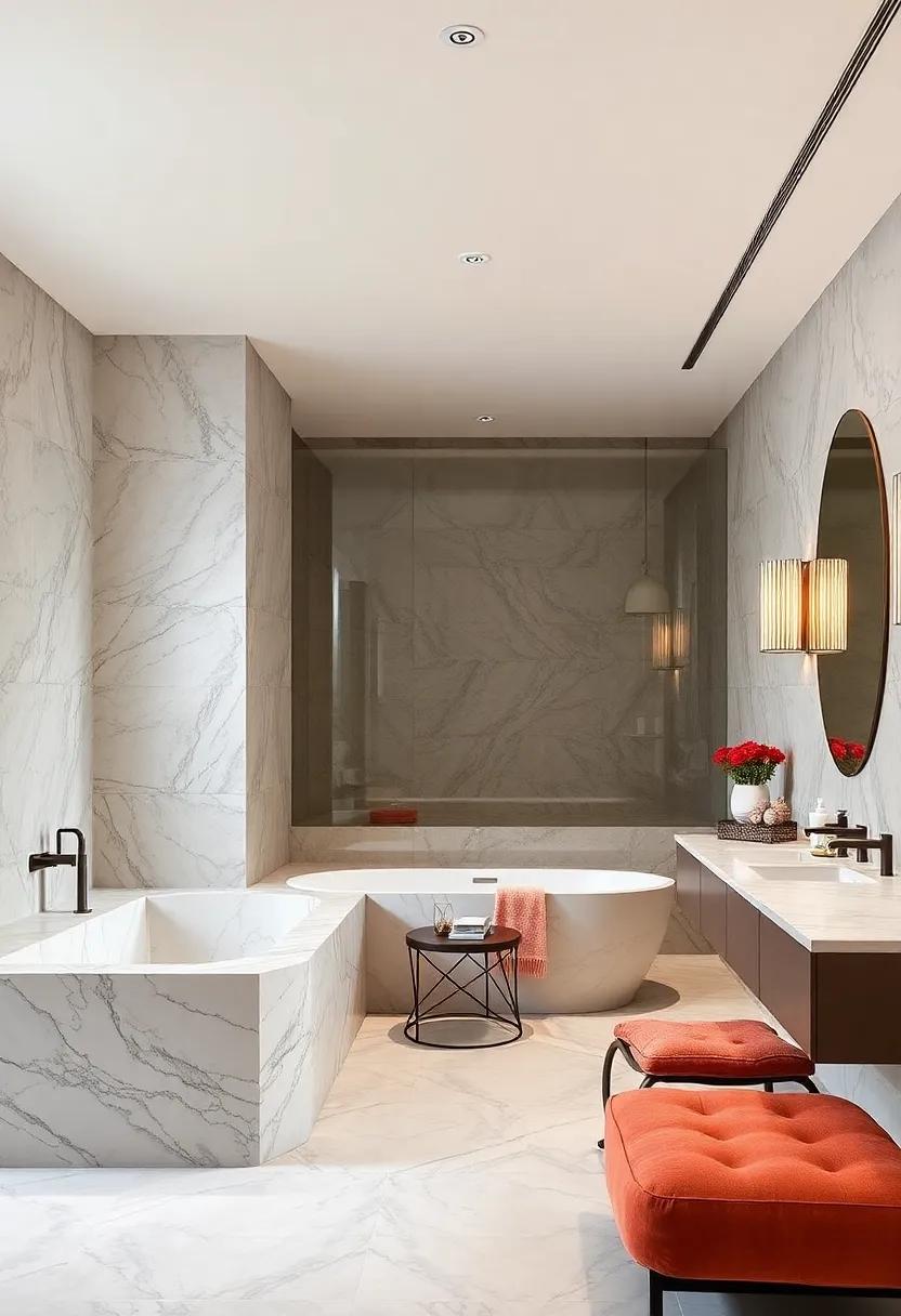 Indulge in the plush experience of a spacious bathroom featuring ornate marble ⁢tub surrounds that elevate everyday routines ⁤into lavish rituals