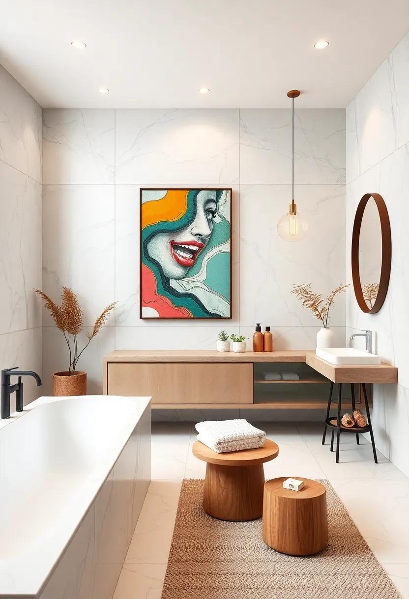 Inspire your creativity⁢ with a chic, artistic bathroom ⁤that boasts vibrant art pieces against a canvas of neutral ‍tones⁣ and ‌subtle marble details