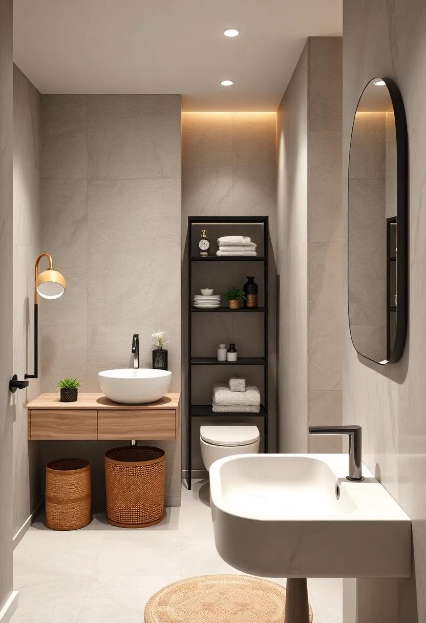 Revel in the sophistication of a compact bathroom with clever storage solutions, accentuated by a sleek marble sink and neutral decor