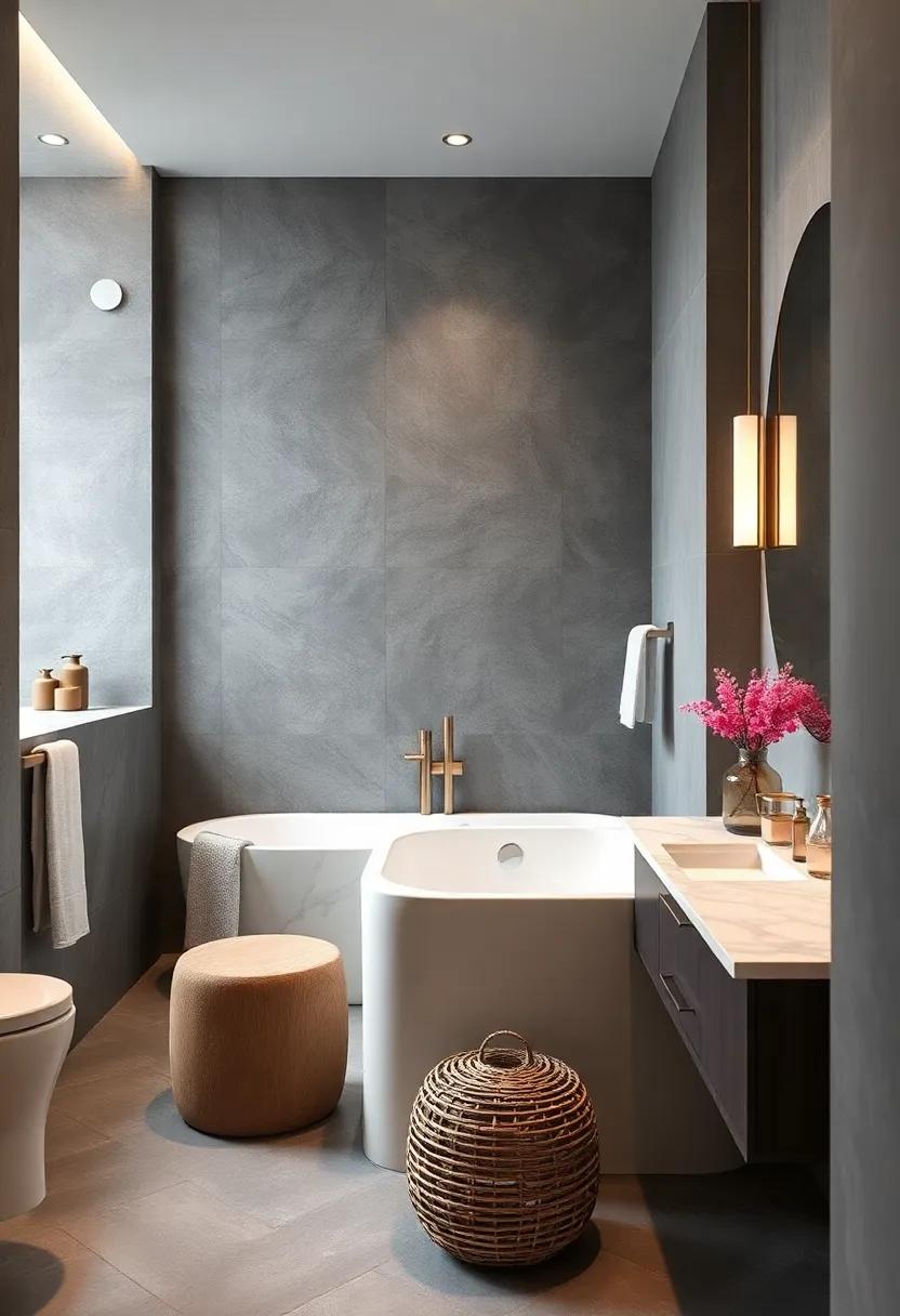 Uncover ‍the allure of‍ a sleek monochromatic bathroom, where the elegance of ‌charcoal grey walls is perfectly offset by vibrant white marble details