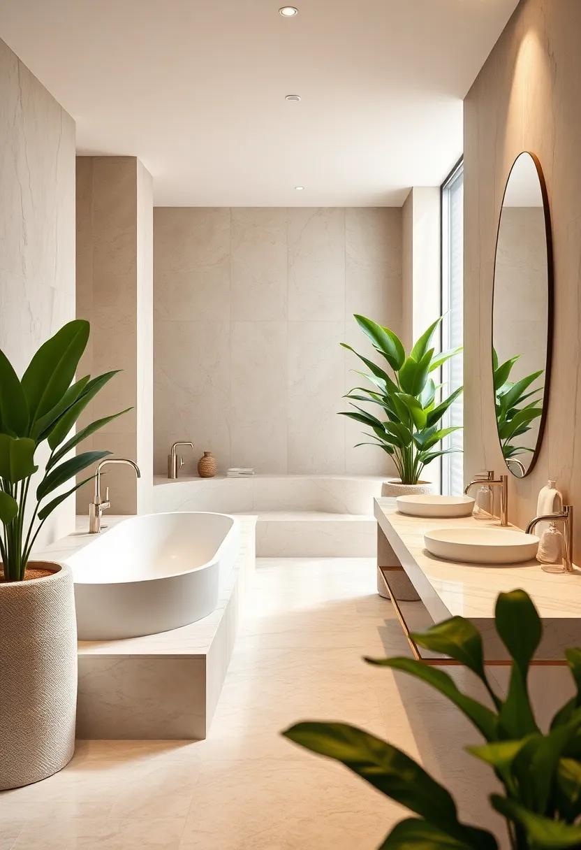 witness the harmonious blend of nature and modernity in a⁢ spa-like setting with sandy beige ⁣tones and lush green plants, accented by marble surfaces