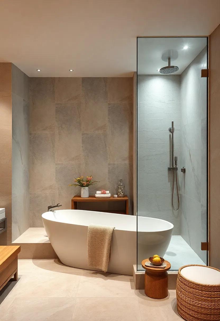 Luxurious ‍Spa⁣ Vibes: Immerse yourself in relaxation with a freestanding ⁣tub ‌integrated into a spacious glass-enclosed shower, complete ​with rain showerheads and soothing ambient lighting