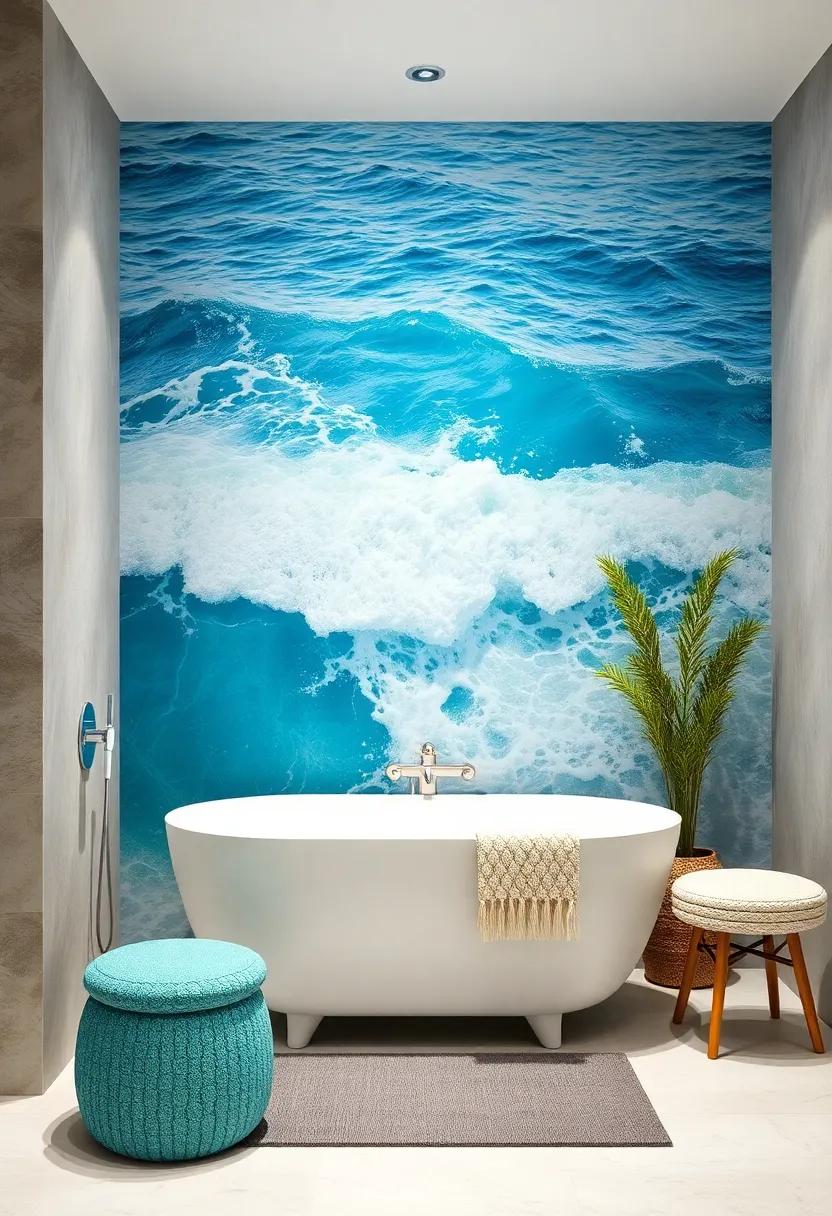 Ocean Waves Mural: Paint a mural inspired by waves crashing against the shore to evoke a sense of tranquility and movement in your bathroom