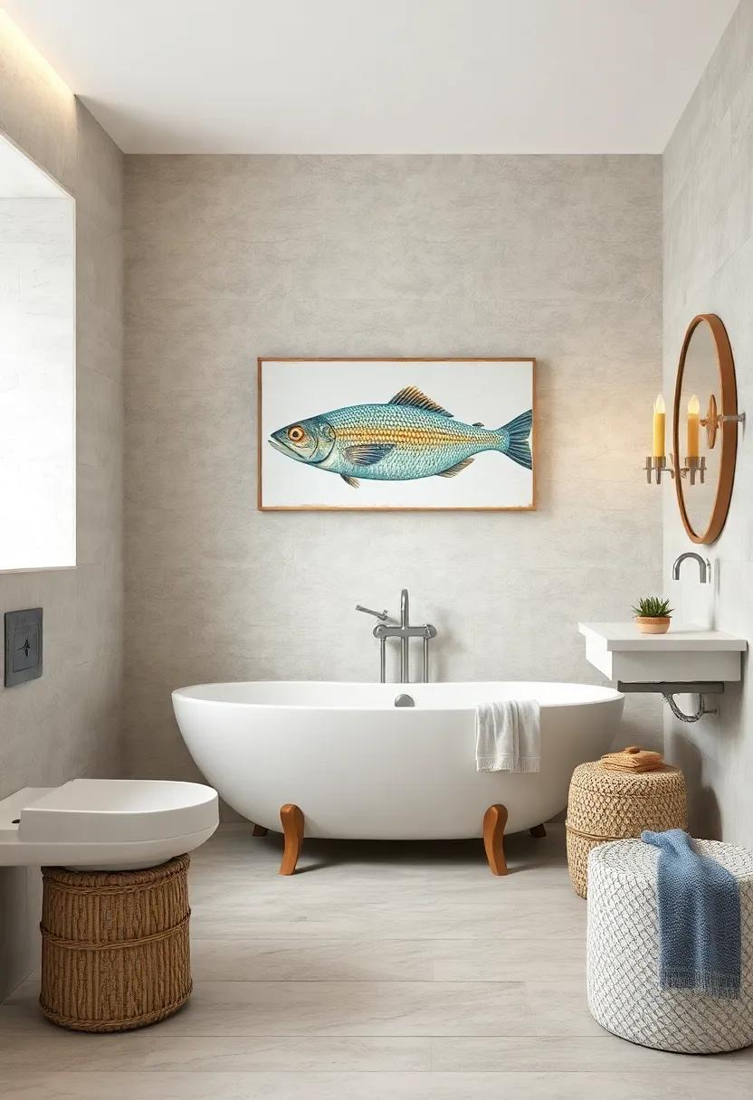 Whimsical Fish Art: Incorporate quirky fish illustrations or sculptures that bring a sense of playfulness amidst your coastal decor