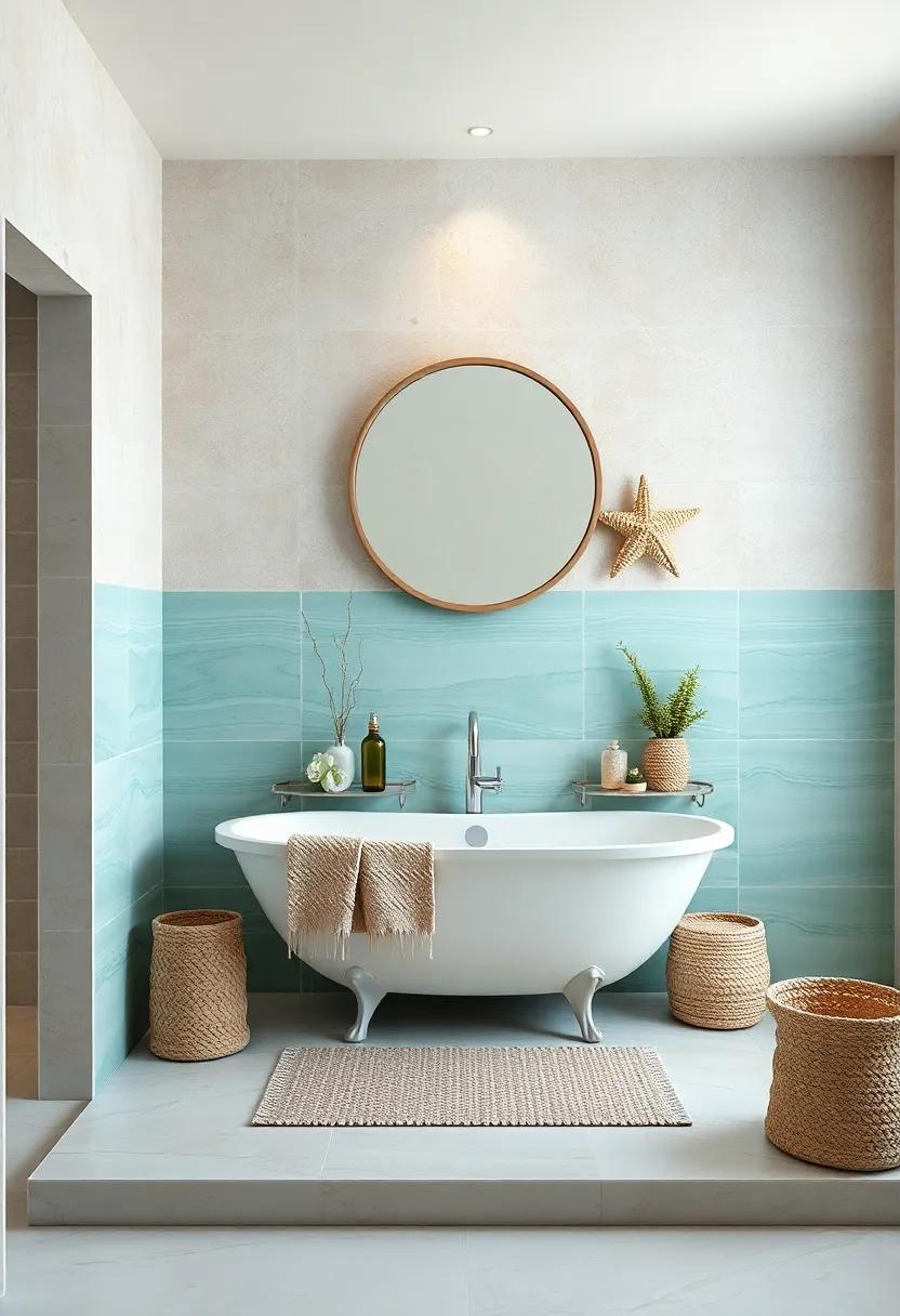Coastal Color Palette: Paint your bathroom walls in soft shades inspired by ocean hues—think sandy beige, seafoam green, and drifting blues