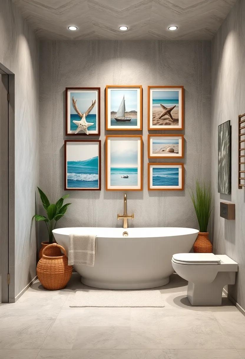 Nautical Gallery Wall: Combine framed prints of coastal scenes with seashells and starfish to bring the ocean indoors in a stylish arrangement