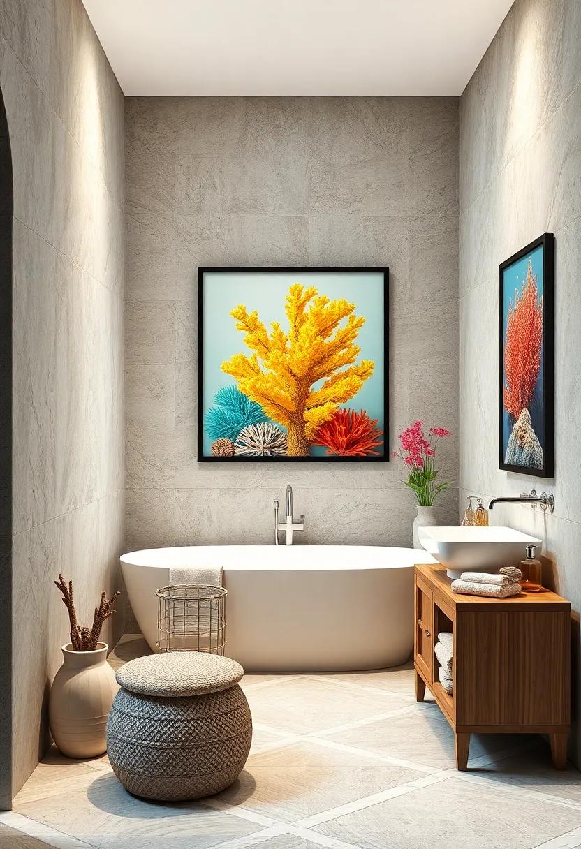 Coral Reef Prints: Frame up colorful coral prints to introduce elements of marine biology and bring vibrant life to your bathroom space