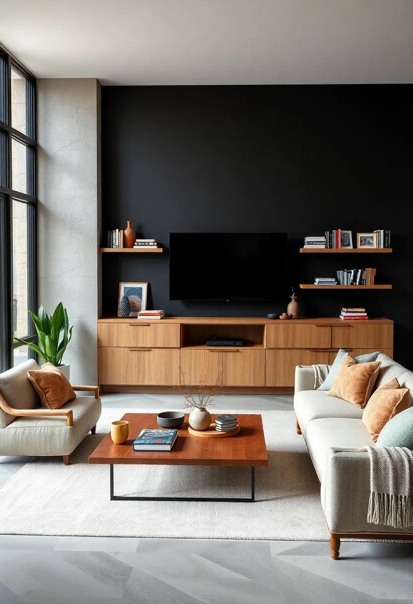 Built-In Shelving: Install open⁣ shelving ⁣against the black​ wall​ to display books ​and​ decor items while adding functional‌ style