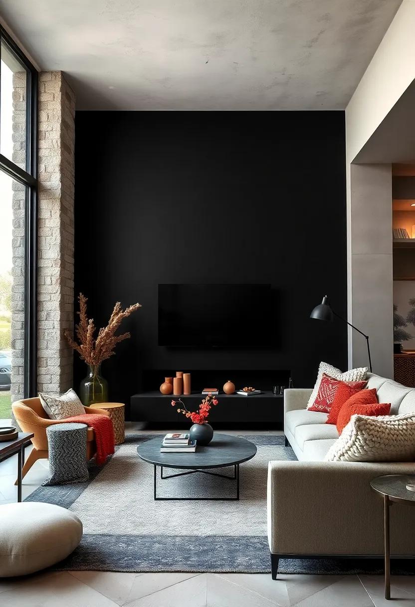 Cozy Textures: Introduce soft textiles ​like plush ‍throws and chunky knit ⁤pillows against the⁣ black⁣ wall to create warmth and comfort