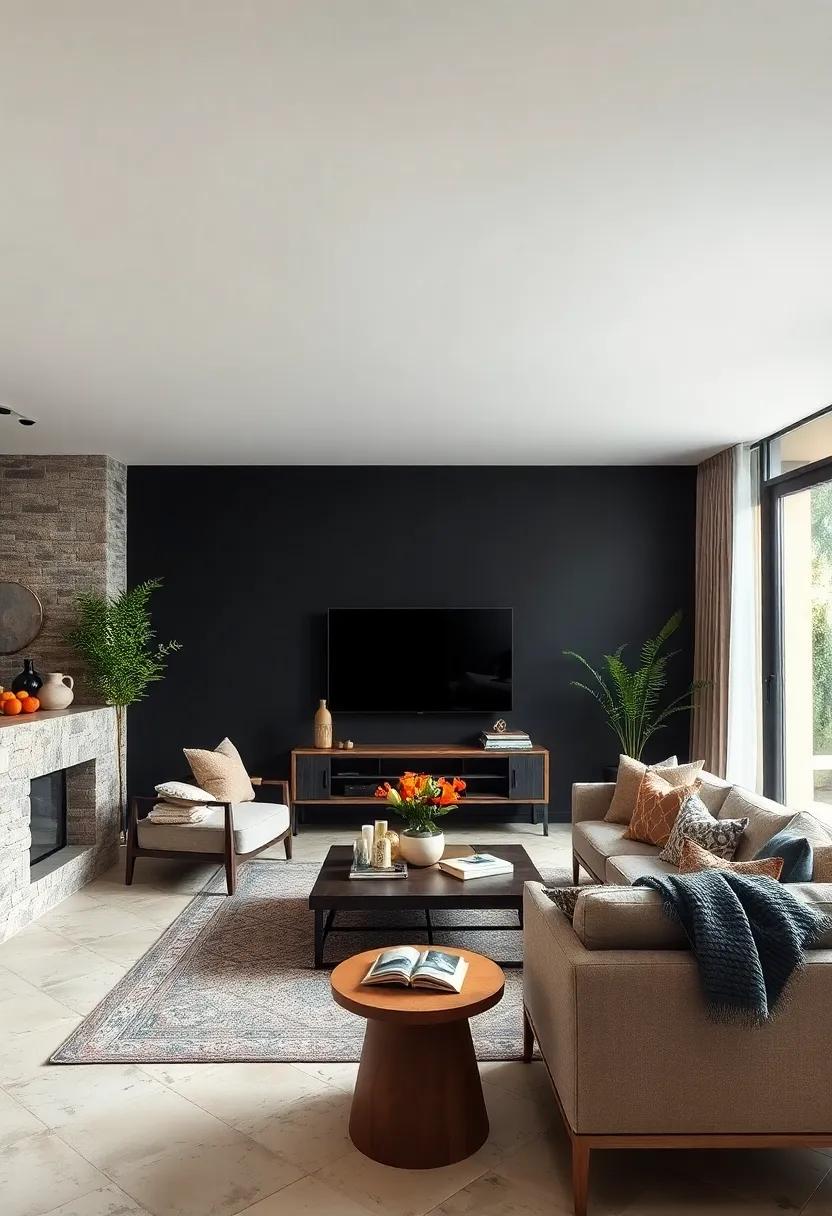 Natural Elements: Complement‍ the black wall with⁢ wooden furniture‌ and⁤ greenery to bring in a⁤ touch of nature that softens​ the dark hue