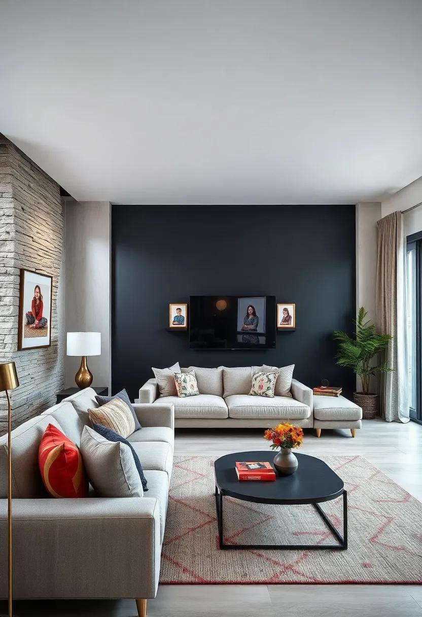 Family Photo Line: Create a stylish ‌display⁢ of family photos framed ⁣in vibrant colors along the black accent wall as a personal touch