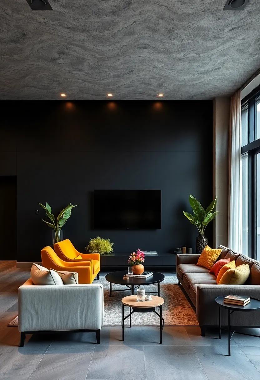 Bold‌ Furniture⁣ Choices: ⁣Opt for a statement sofa ⁣or chairs in bright colors⁤ to stand​ out against the dark wall⁣ backdrop