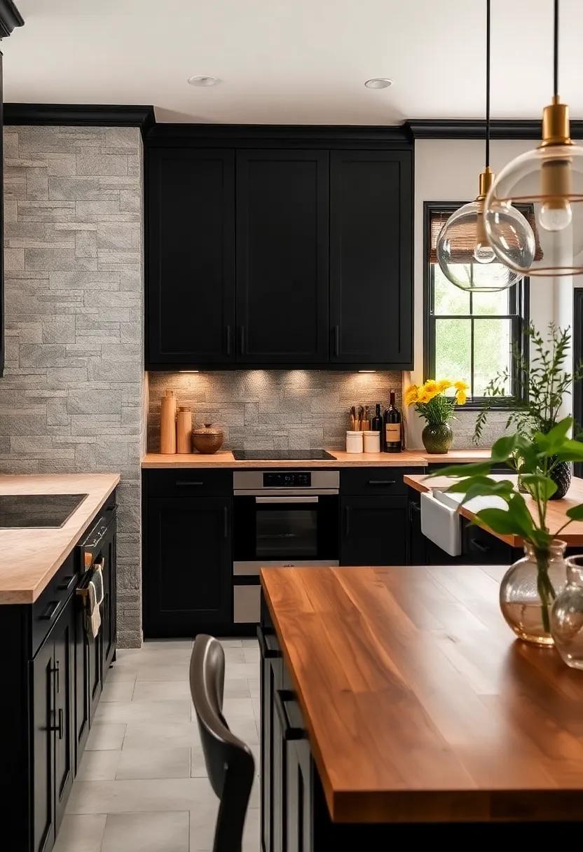 Elevating aesthetic Appeal: The Allure of Black Cabinets Against Warm Wood Countertops
