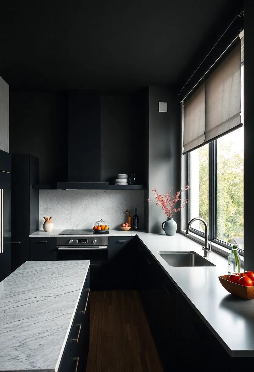 Elegant Window Treatments: Choose ⁢sheer ‌or solid black ⁣window treatments that filter light ​beautifully without‌ detracting from the kitchen’s ​overall design