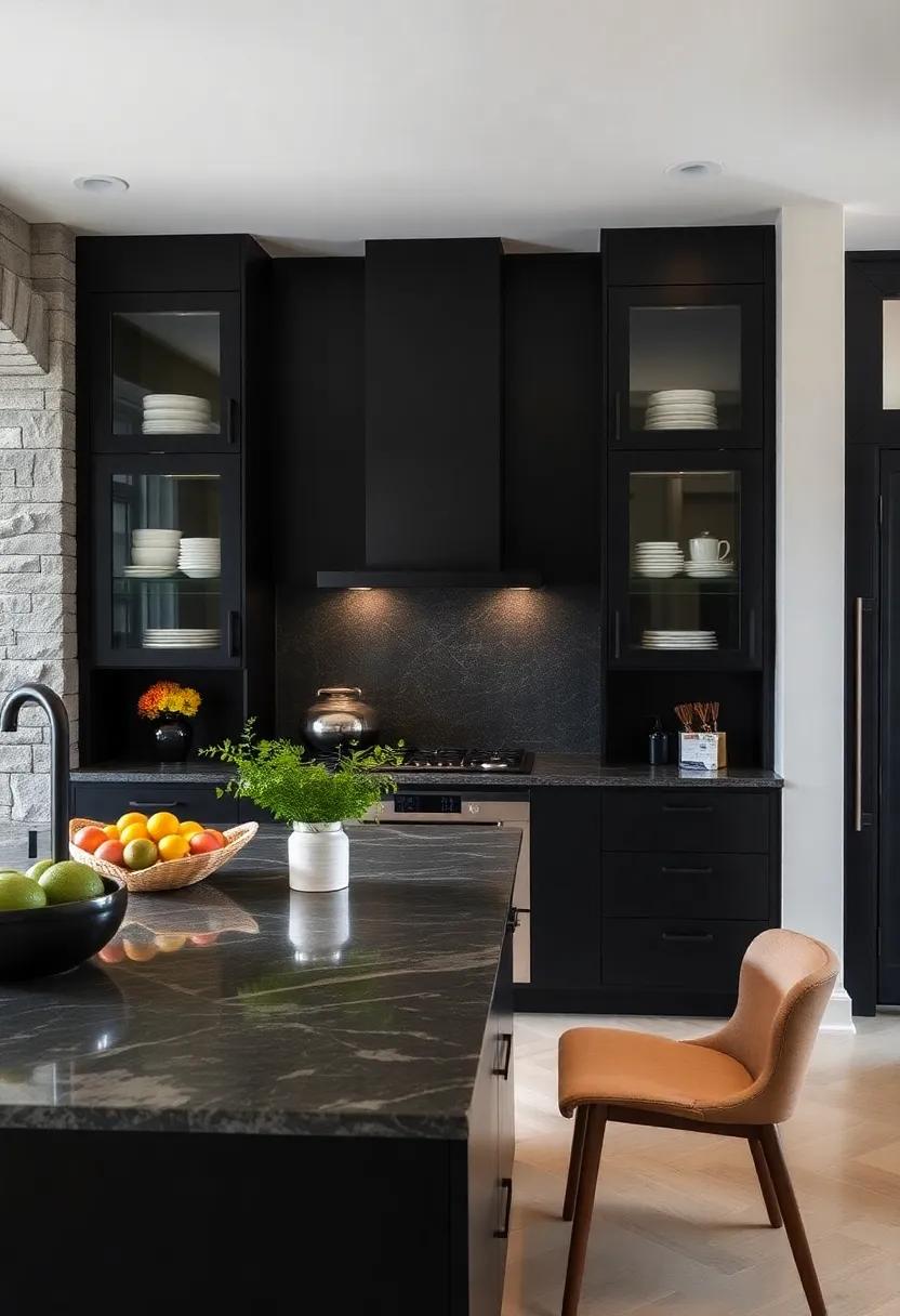 Glass Inserts in ‌Cabinets: ‌Use glass front​ cabinet doors to‍ showcase​ beautiful crockery⁢ while breaking up​ the density of black⁢ cabinetry and adding a light⁤ touch
