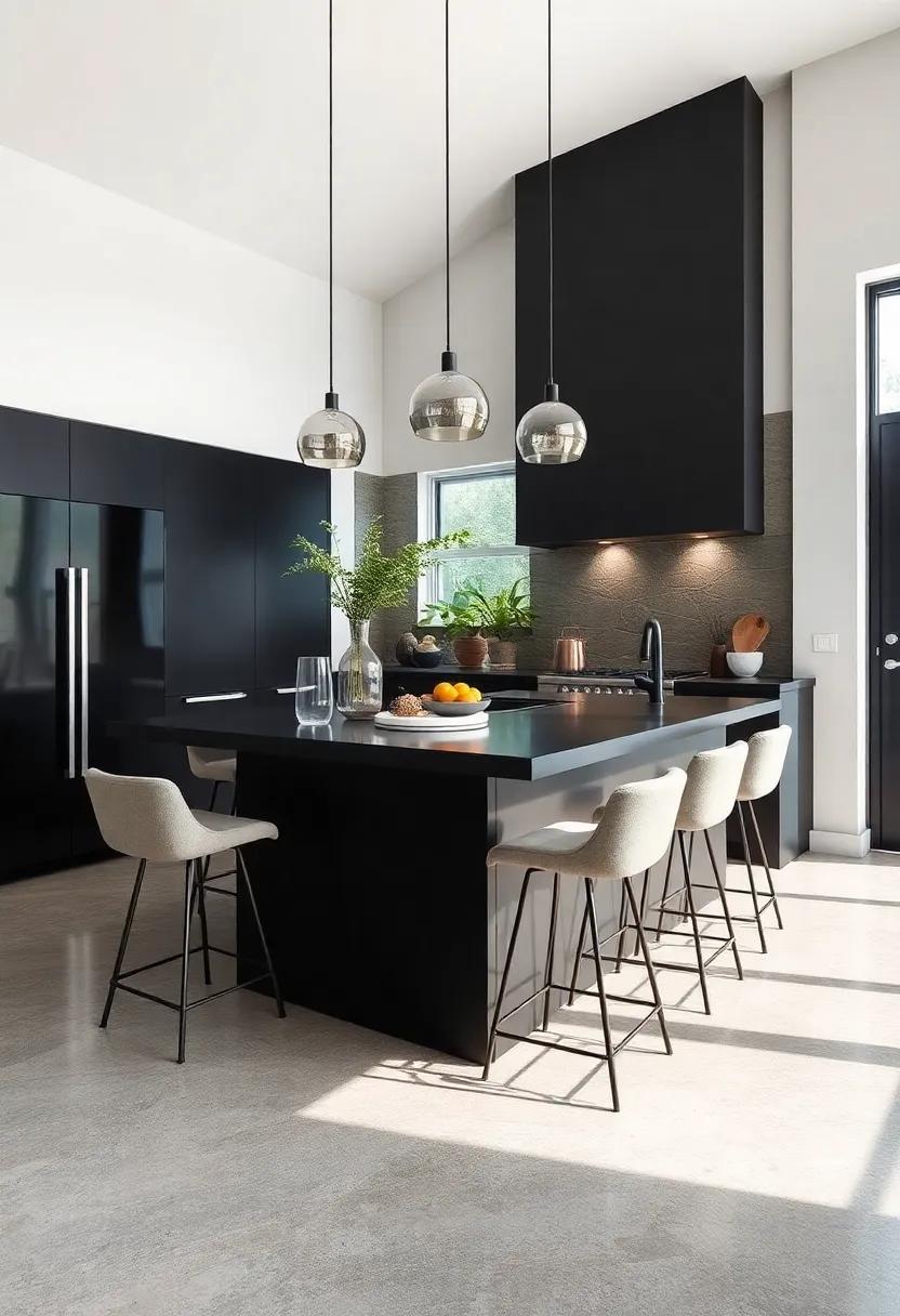 Statement ​Island: Design ⁢a striking kitchen island⁤ in a rich black finish, complete with stylish bar stools for a​ gathering space that's both ‌functional ​and attractive