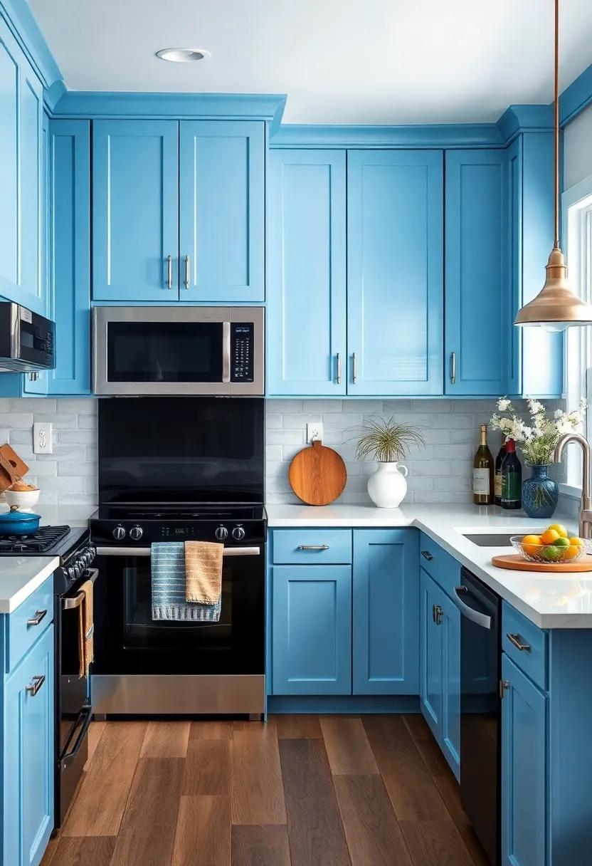 Coastal Charm: Embrace a soft blue with white‍ accents and ⁢black appliances for‍ a⁣ seaside-inspired kitchen