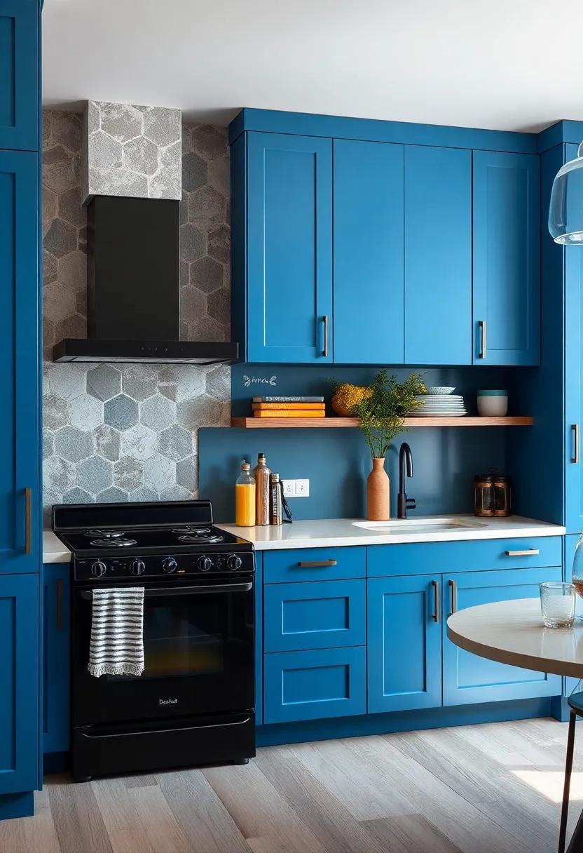 Color ​Blocking: Use different shades of blue for upper and lower cabinets while⁤ integrating ‍black‌ appliances ‌for an‍ artistic style