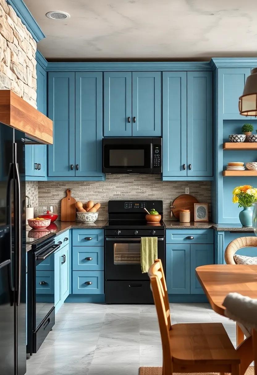 Farmhouse⁢ Fresh: Combine sky blue ​cabinets⁤ with matte‌ black appliances ⁢and rustic wooden elements for a cozy feel