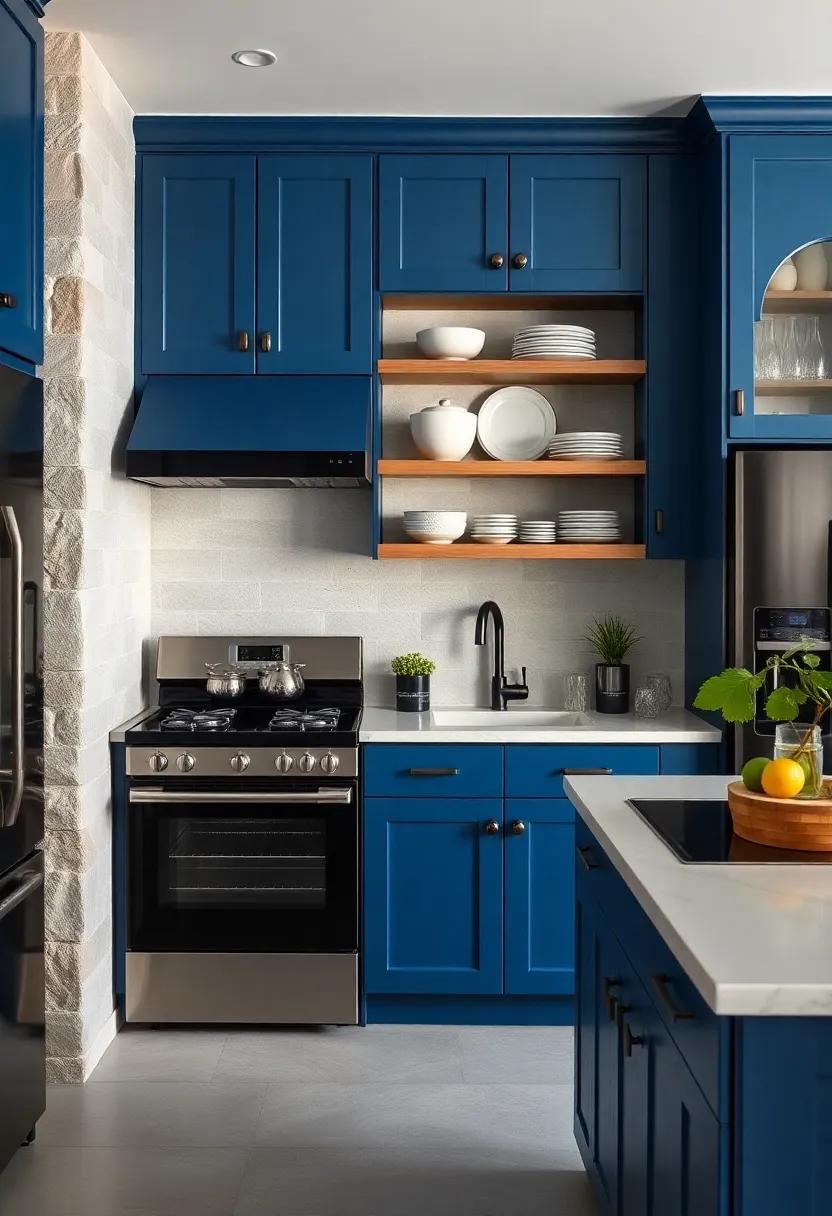 Open Shelving: Compliment deep blue cabinets ‌with black appliances and open shelving to showcase ‍stylish dishware
