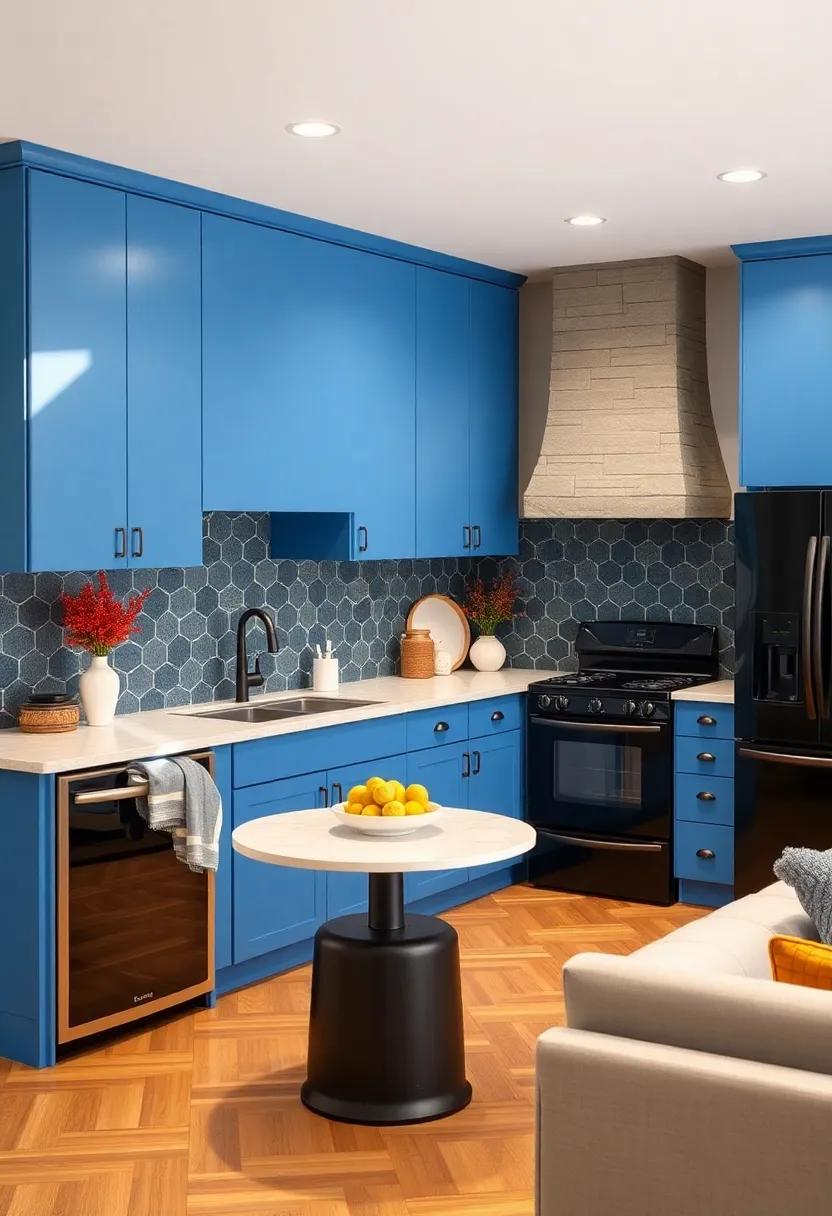 Geometric Flair: Choose ‌bright blue ​cabinets with bold ‌black appliances ‍featuring‌ geometric patterns for‍ a modern ⁣twist