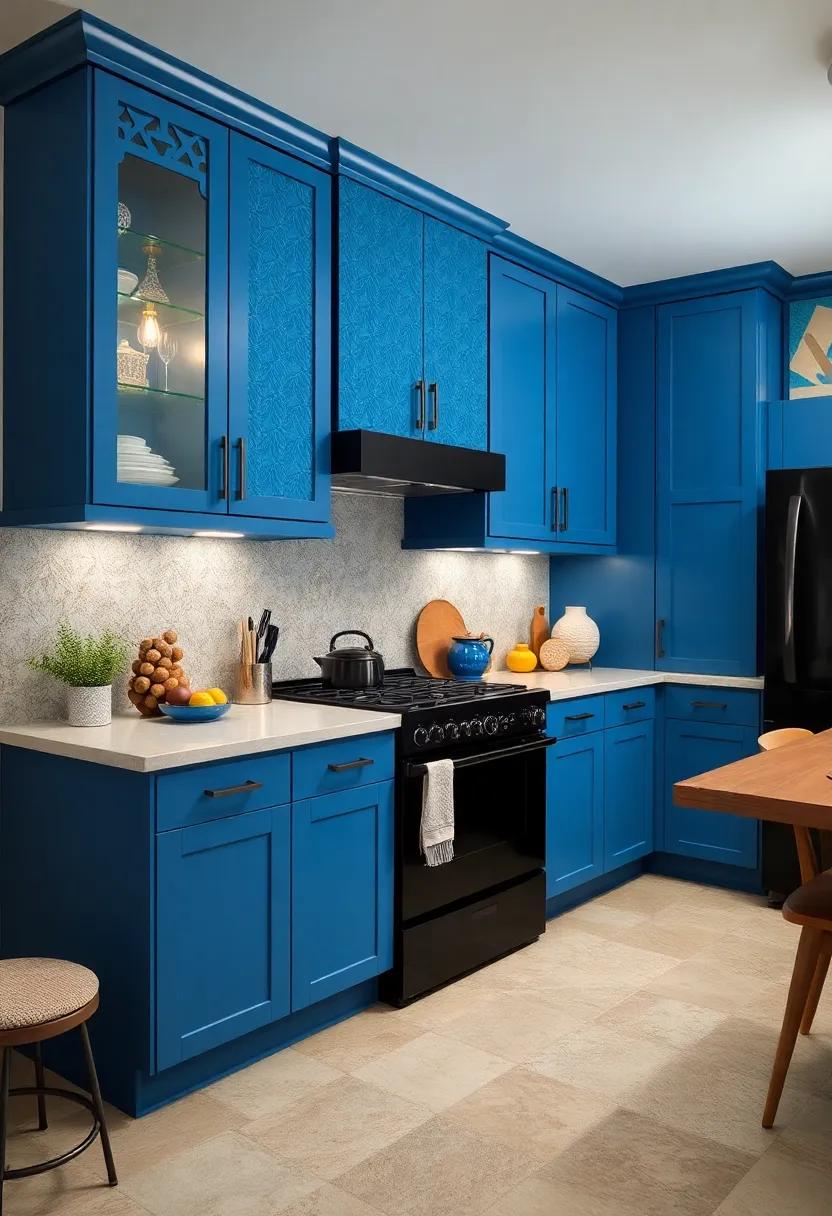 Playful ‌Patterns: ⁢Use ‍a fun blue pattern on your cabinetry alongside ‌classic black appliances for⁤ a spirited atmosphere