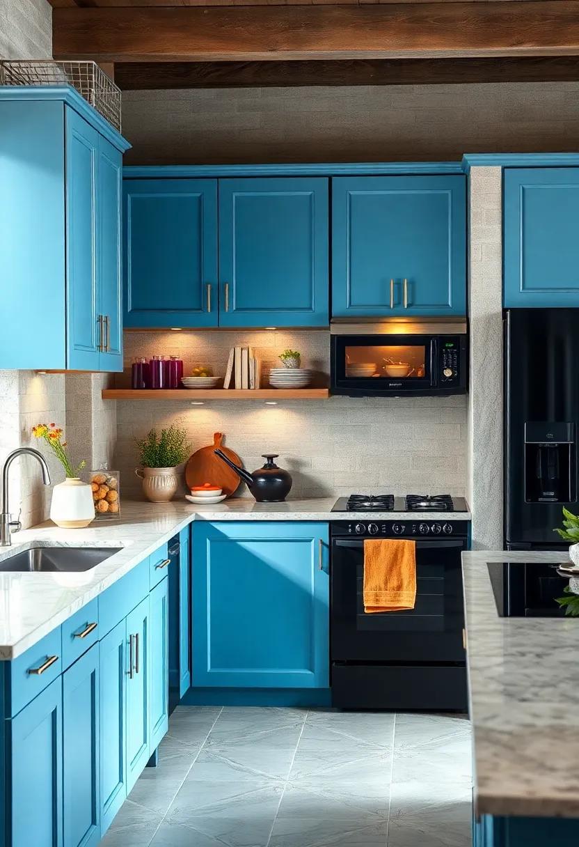 Layered ‌Lighting:⁣ Soft blue ​cabinetry ⁣highlighted ​with ⁢black appliances and layered lighting‍ creates a warm,‍ inviting ​atmosphere