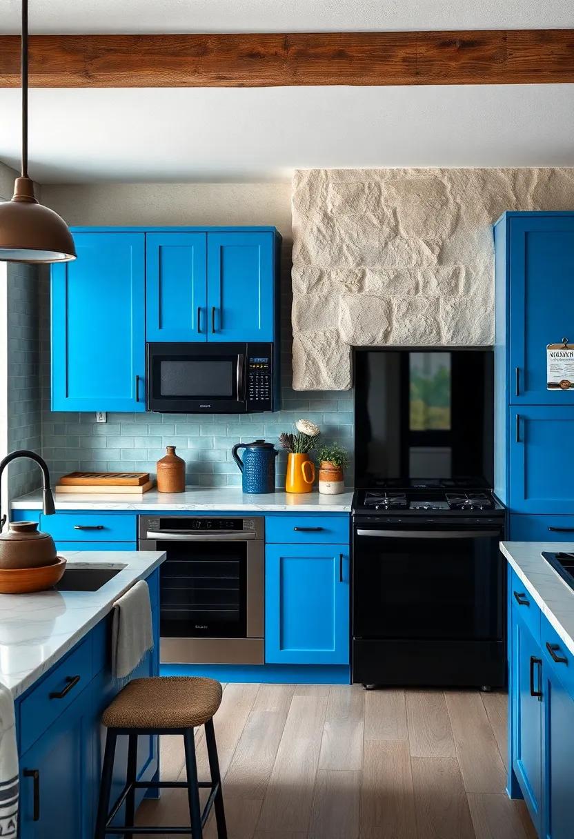bold ​Contrast: Bright cerulean ‍blue cabinets juxtaposed ⁣with glossy black appliances offer a vibrant statement