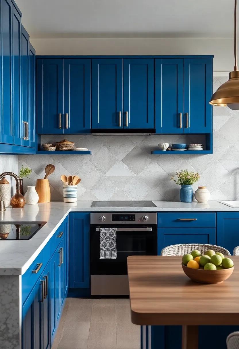 Textural Play: Mix glossy blue cabinets with textured black​ appliances to⁢ add depth and ‍interest to your kitchen design