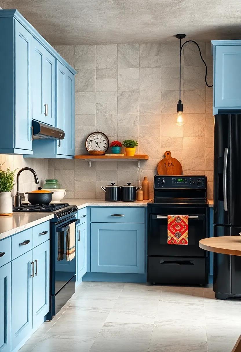 Vintage ‍Vibe: Light blue shaker cabinets combined​ with retro black​ appliances bring nostalgic charm ⁣to the kitchen