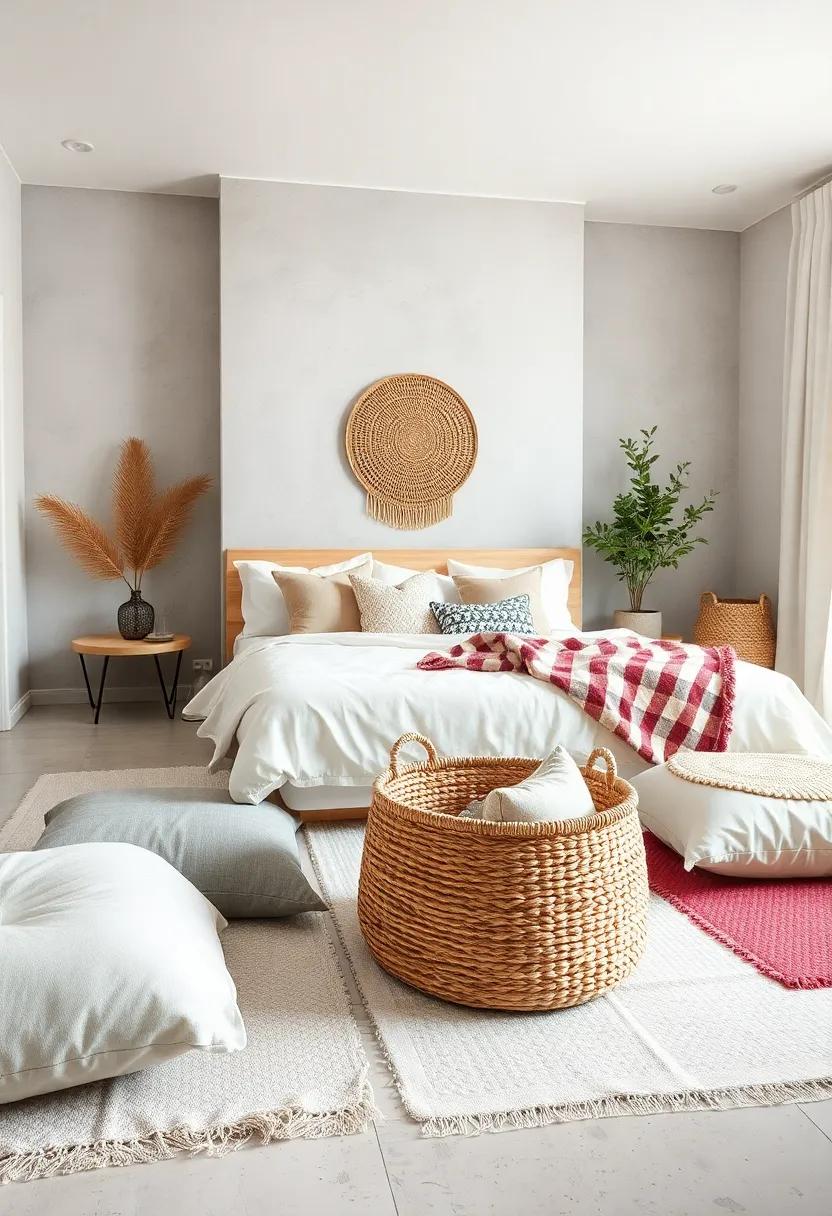 Woven Baskets: incorporate storage baskets made of natural fibers to keep additional cushions or blankets accessible while maintaining a tidy aesthetic
