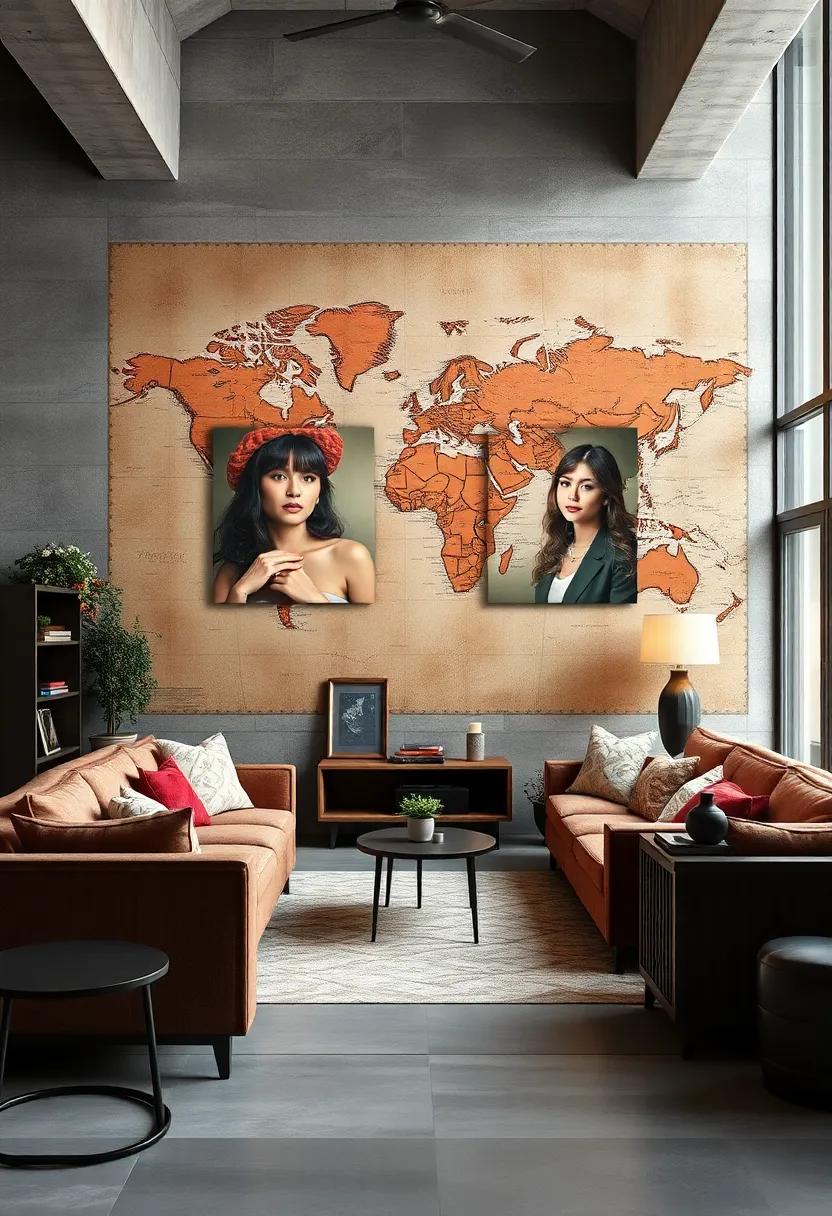 Map​ Overlay with Artistic Portraits: Create a striking visual by overlaying artistic portraits on vintage maps, elegantly combining human expression and geographical beauty