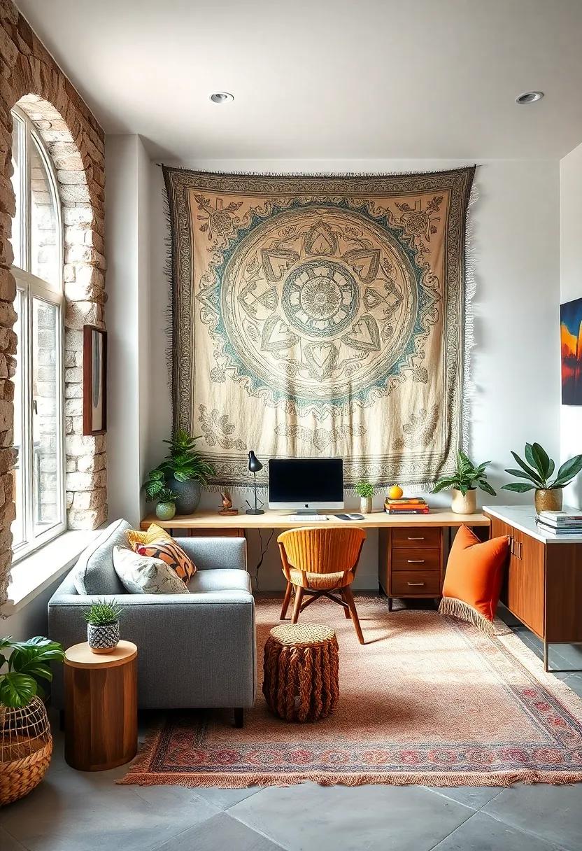 Use a Tapestry: Hang a beautiful ⁤tapestry as a⁤ backdrop ‌for your workspace to​ add color, texture, and a sense of coziness