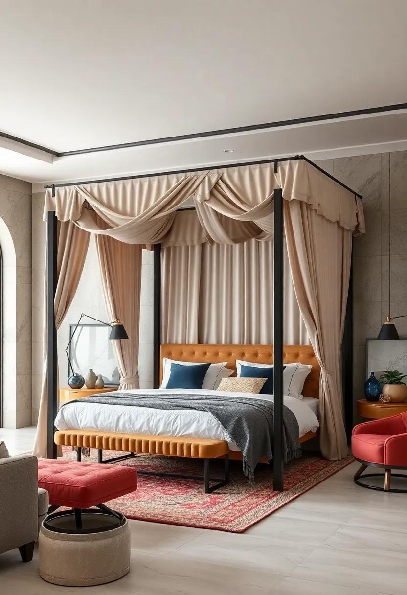 Opulent Canopy Bed: Transform​ your ‍sleeping​ space‌ with‍ a grand four-poster bed that envelops you⁣ in comfort and⁢ style, featuring draped fabrics for a‍ dreamy ambiance